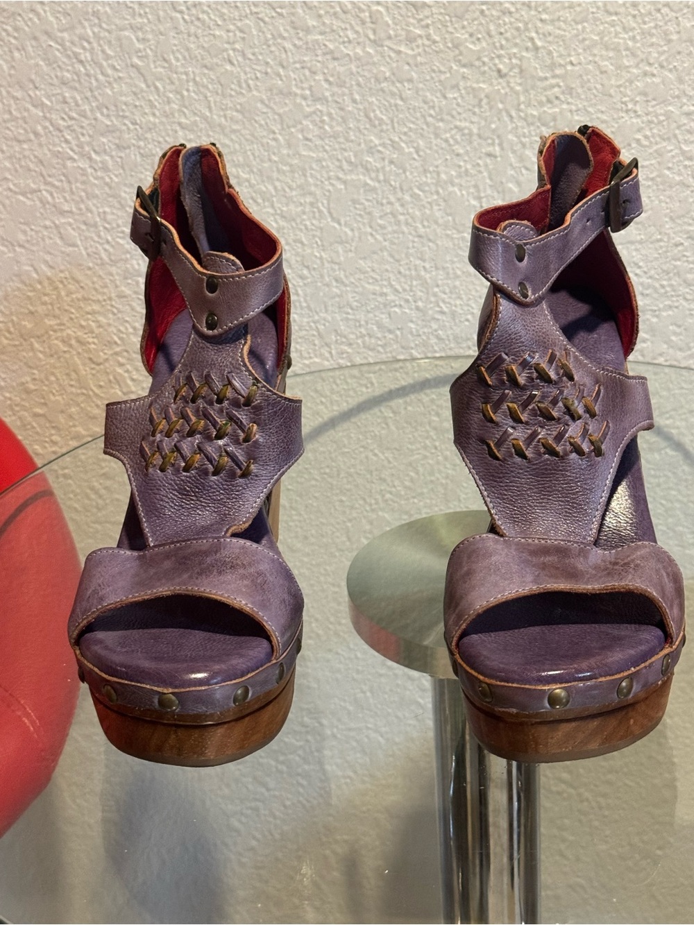 Bed Stu Purple Leather Woven Platform Heels
